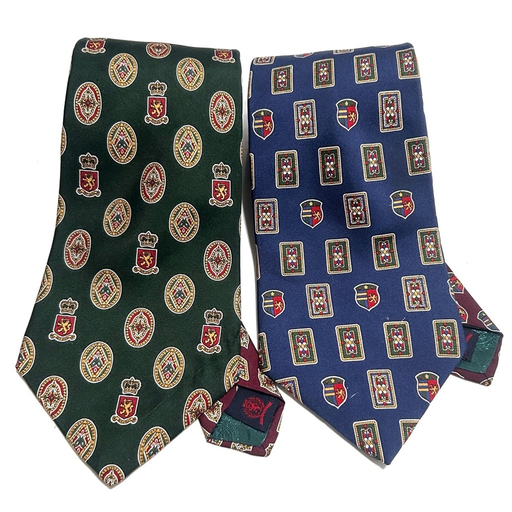 Tommy Hilfiger Ties 100% Italian Silk Made in USA Blue Green Lot Shield Emblem